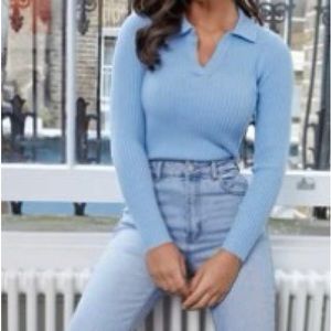 SHEIN Light Blue V-Neck Solid Rib-Knit Sweater